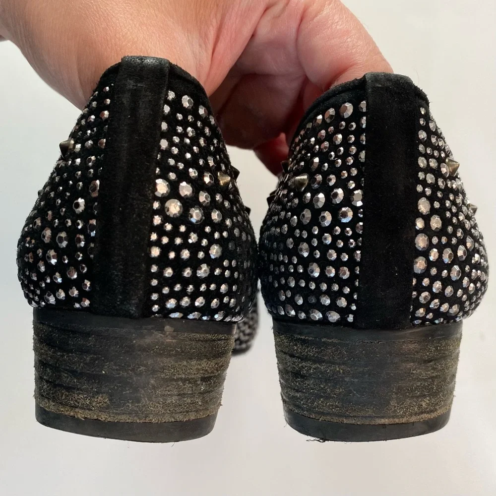 Stuart Weitzman Slipbead Studded Stud Loafer Smoking Slipper Black Silver Sz 8